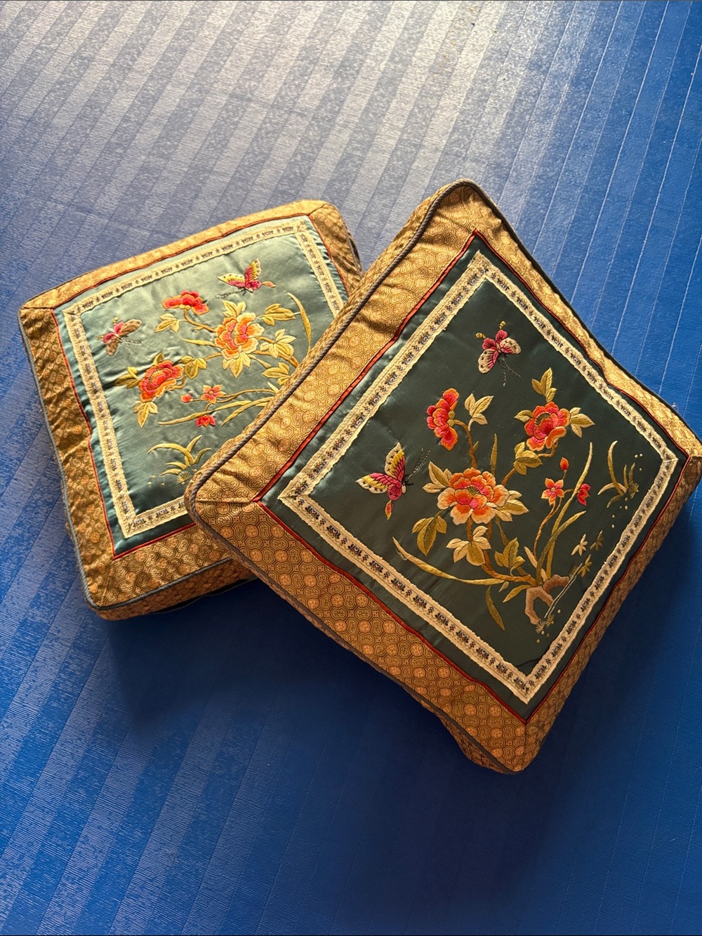 (2) Vintage Chinese Silk Teal Square Throw Pillows 12 x 12